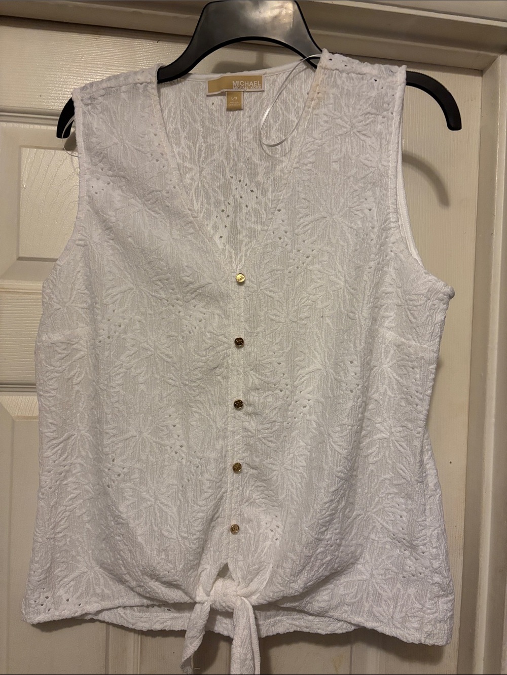 Michael Kors White Eyelet Tie-Hem Sleeveless Blouse NWOT Size Large
